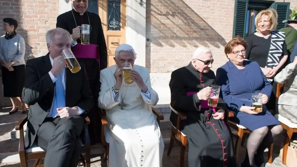 Pope Benedict XVI drinking his beer
